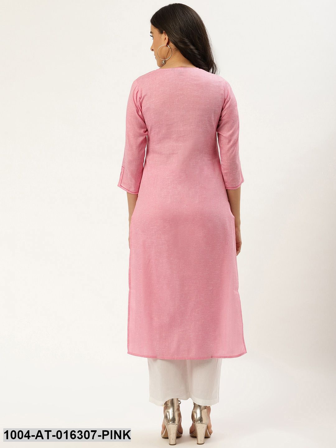 Pink Three-Quarter Sleeves Straight Solid Cotton Kurta