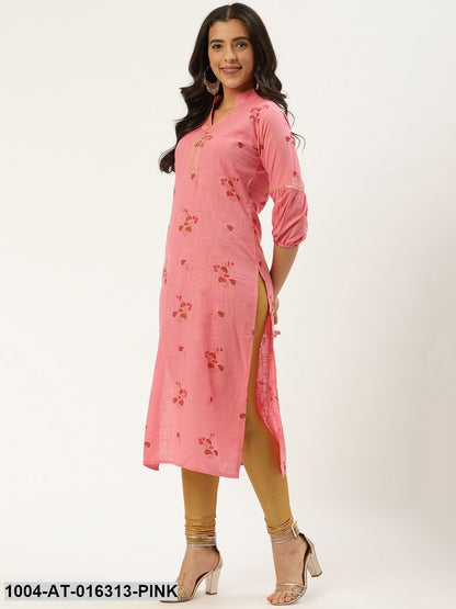 Pink Three-Quarter Sleeves Straight Floral Cotton Kurta