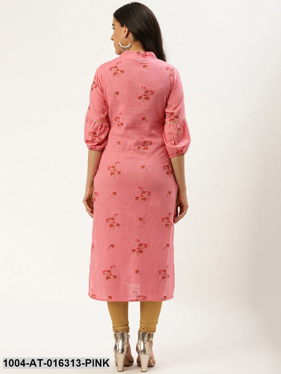 Pink Three-Quarter Sleeves Straight Floral Cotton Kurta