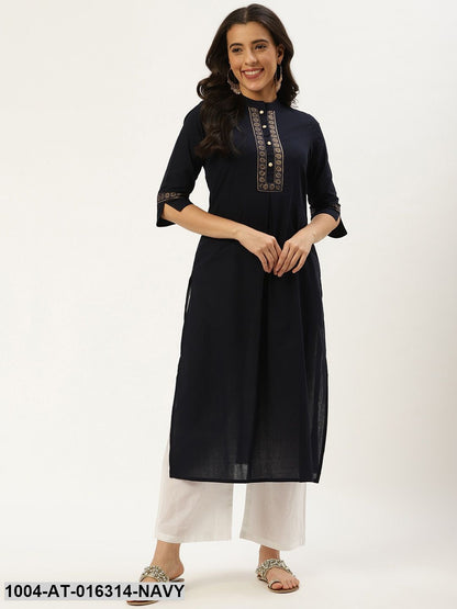 Navy Blue Three-Quarter Sleeves Straight Solid Cotton Kurta