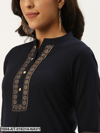 Navy Blue Three-Quarter Sleeves Straight Solid Cotton Kurta
