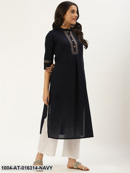 Navy Blue Three-Quarter Sleeves Straight Solid Cotton Kurta