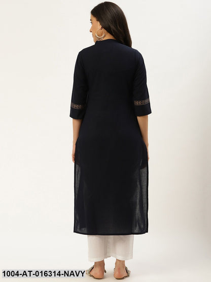 Navy Blue Three-Quarter Sleeves Straight Solid Cotton Kurta