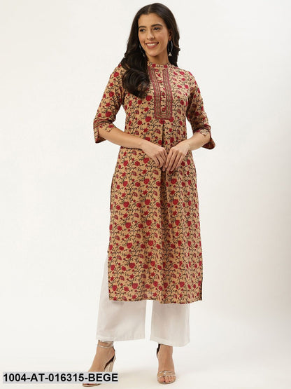 Beige Three-Quarter Sleeves Straight Floral Cotton Kurta