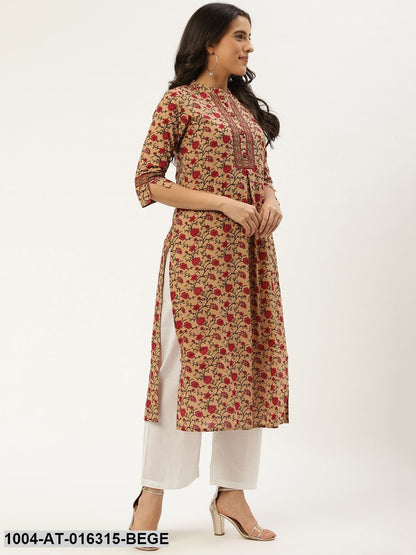 Beige Three-Quarter Sleeves Straight Floral Cotton Kurta