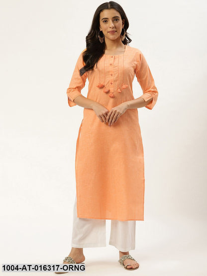 Orange Three-Quarter Sleeves Straight Solid Cotton Kurta