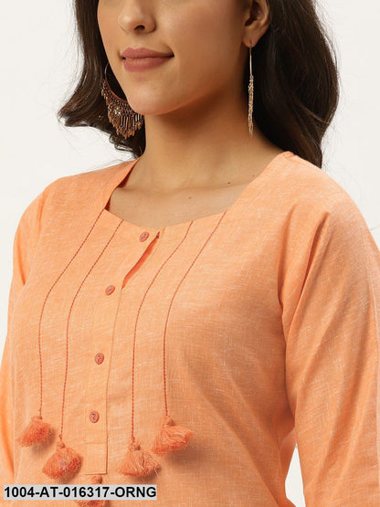 Orange Three-Quarter Sleeves Straight Solid Cotton Kurta