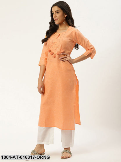 Orange Three-Quarter Sleeves Straight Solid Cotton Kurta
