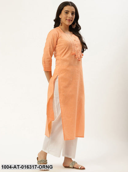 Orange Three-Quarter Sleeves Straight Solid Cotton Kurta