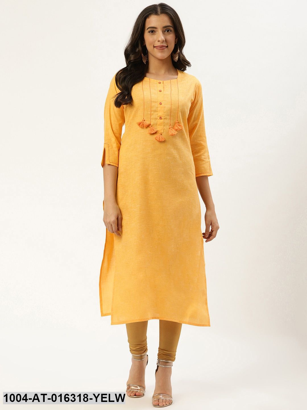 Yellow Three-Quarter Sleeves Straight Solid Cotton Kurta