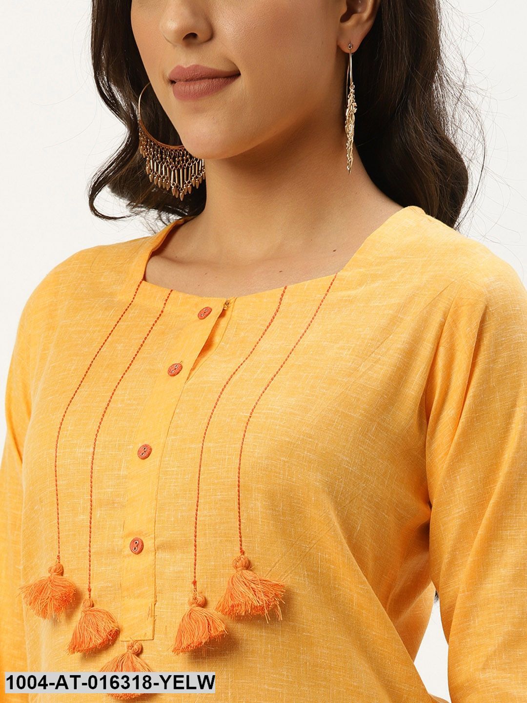 Yellow Three-Quarter Sleeves Straight Solid Cotton Kurta