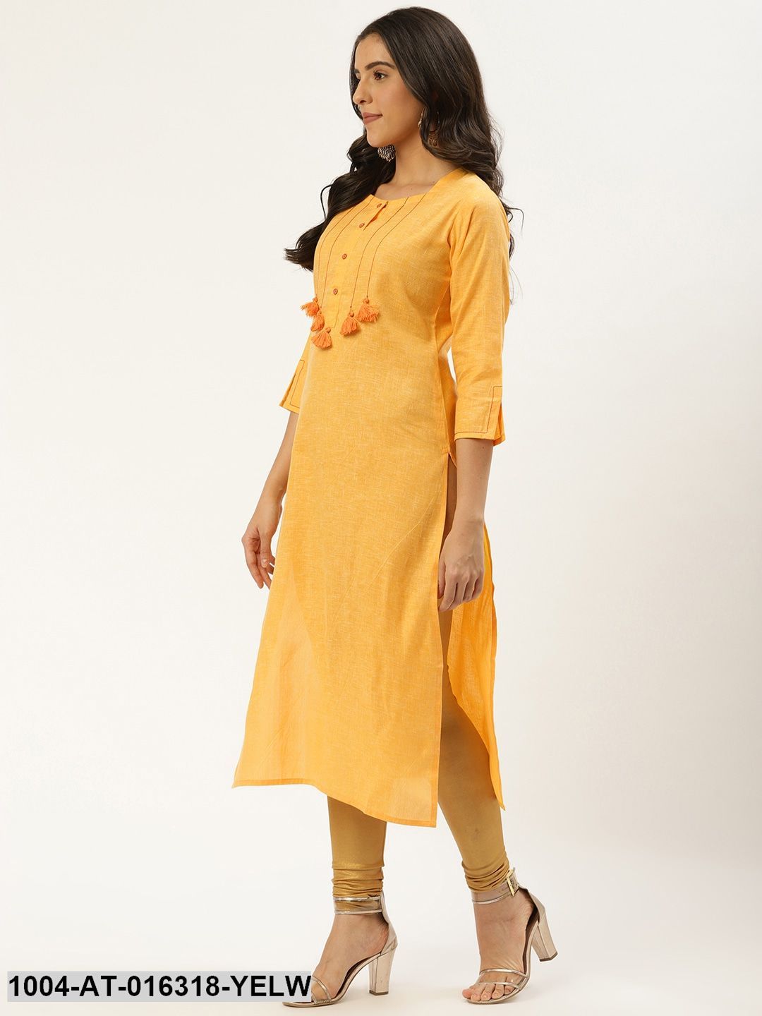 Yellow Three-Quarter Sleeves Straight Solid Cotton Kurta