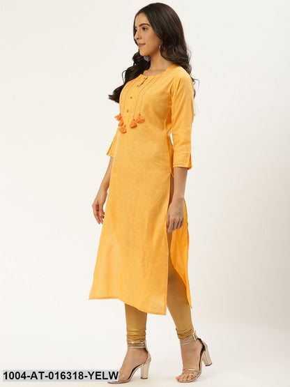 Yellow Three-Quarter Sleeves Straight Solid Cotton Kurta