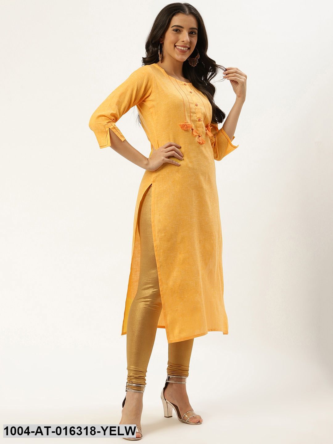 Yellow Three-Quarter Sleeves Straight Solid Cotton Kurta