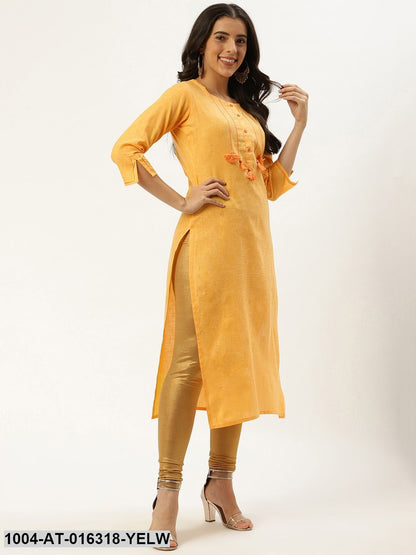 Yellow Three-Quarter Sleeves Straight Solid Cotton Kurta
