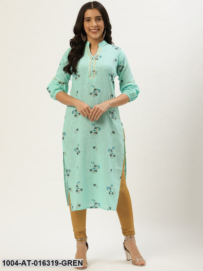 Pastel Green Three-Quarter Sleeves Straight Floral Cotton Kurta