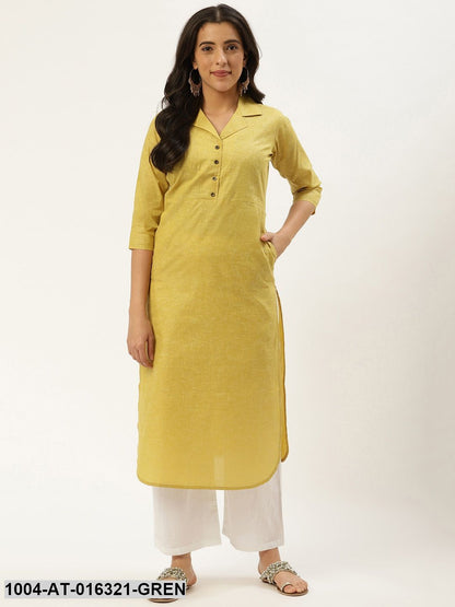 Green Three-Quarter Sleeves Straight Lapel neck Solid Cotton Kurta