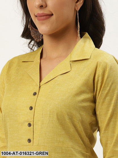 Green Three-Quarter Sleeves Straight Lapel neck Solid Cotton Kurta
