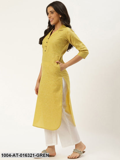 Green Three-Quarter Sleeves Straight Lapel neck Solid Cotton Kurta