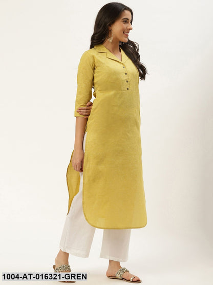 Green Three-Quarter Sleeves Straight Lapel neck Solid Cotton Kurta