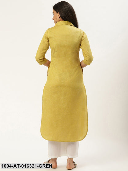 Green Three-Quarter Sleeves Straight Lapel neck Solid Cotton Kurta