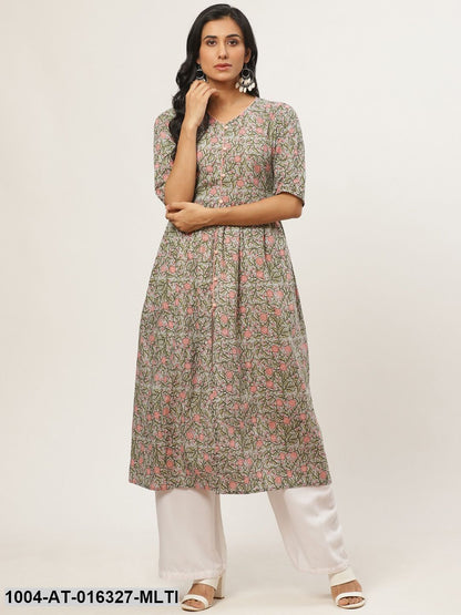 Multi Three-Quarter Sleeves A-Line Floral Printed Cotton Kurta