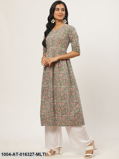 Multi Three-Quarter Sleeves A-Line Floral Printed Cotton Kurta