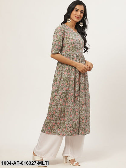 Multi Three-Quarter Sleeves A-Line Floral Printed Cotton Kurta
