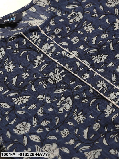 Navy Blue Three-Quarter Sleeves Straight Floral Printed Cotton Kurta