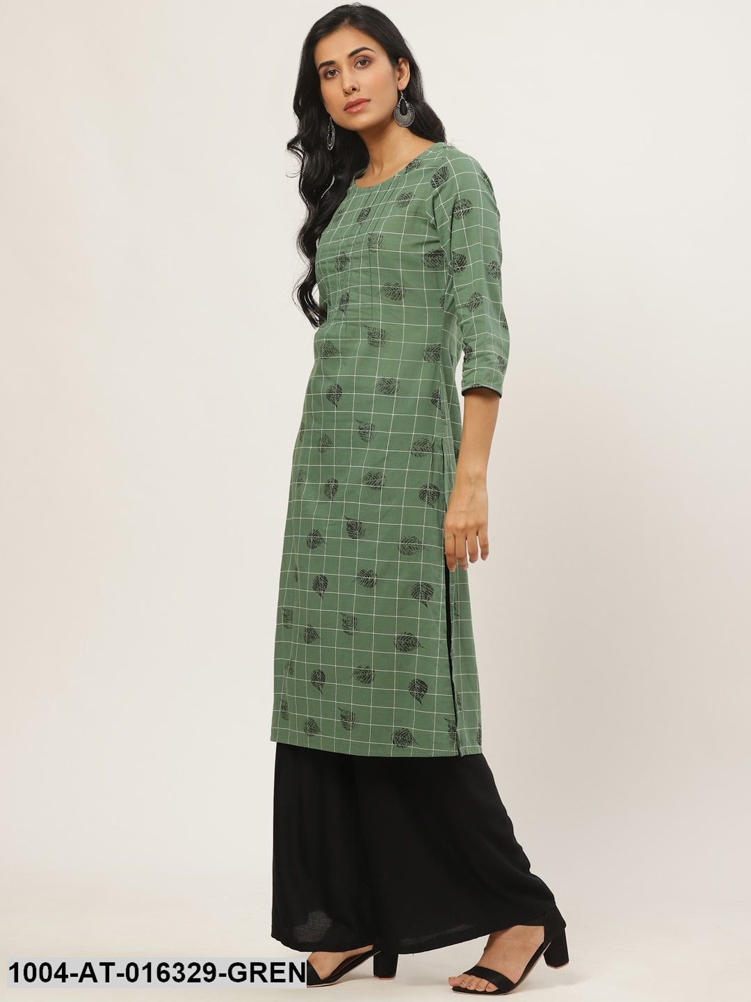 Green Three-Quarter Sleeves Straight Ethnic Motifs Yoke Design Cotton Kurta