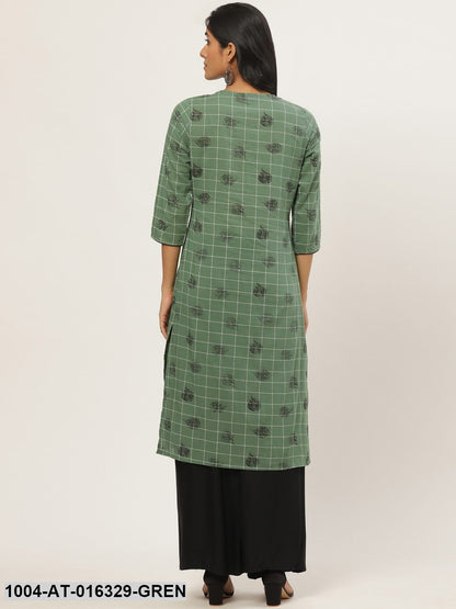 Green Three-Quarter Sleeves Straight Ethnic Motifs Yoke Design Cotton Kurta