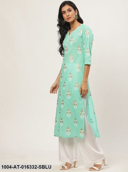 Skyblue Three-Quarter Sleeves Straight Floral Printed Cotton Kurta