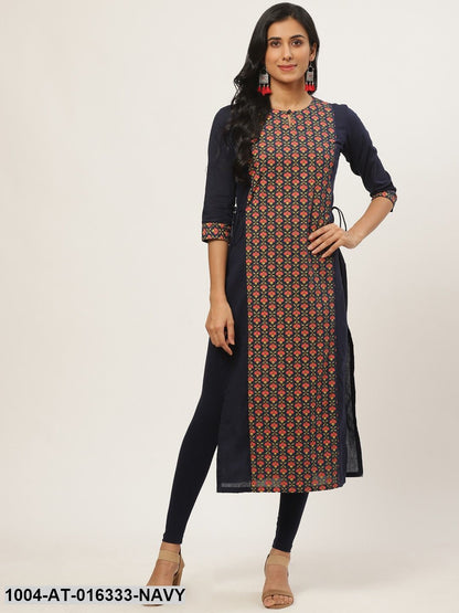 Navy Blue Three-Quarter Sleeves Straight Floral Printed Cotton Kurta