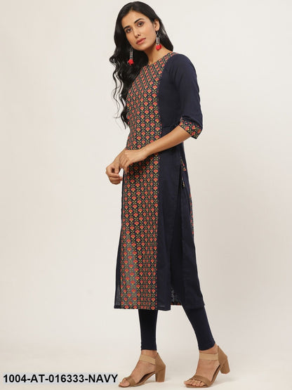 Navy Blue Three-Quarter Sleeves Straight Floral Printed Cotton Kurta