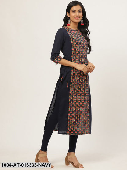 Navy Blue Three-Quarter Sleeves Straight Floral Printed Cotton Kurta