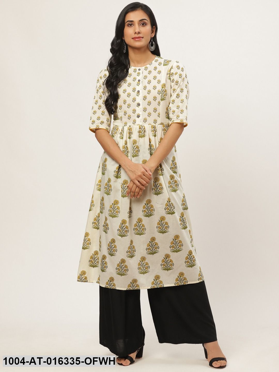 Off white Three-Quarter Sleeves A-Line Floral Yoke Design Cotton Kurta