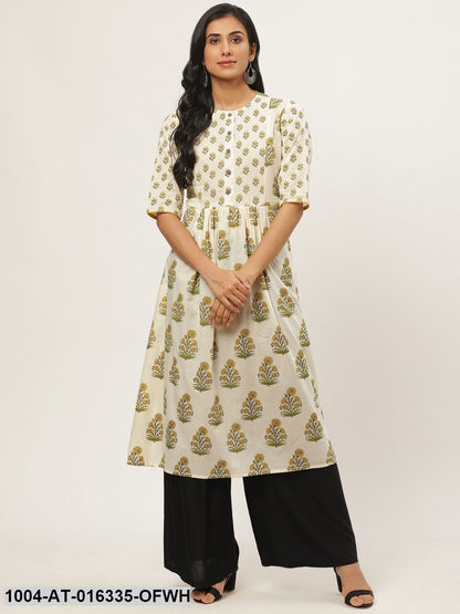 Off white Three-Quarter Sleeves A-Line Floral Yoke Design Cotton Kurta
