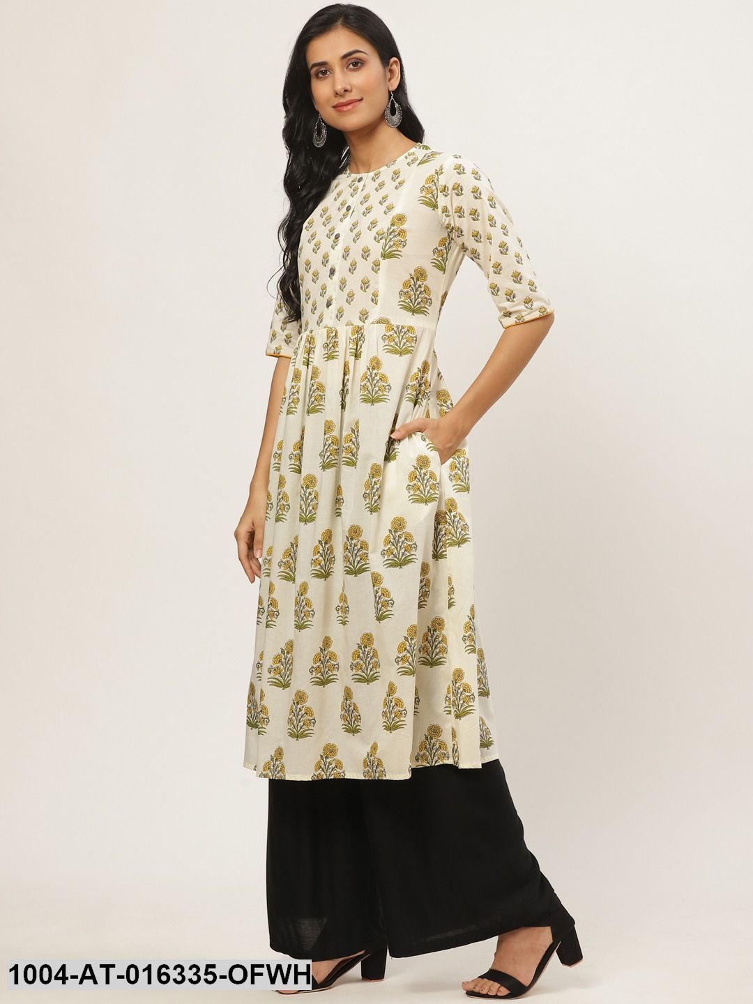 Off white Three-Quarter Sleeves A-Line Floral Yoke Design Cotton Kurta