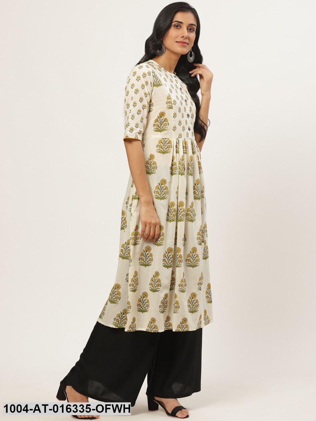 Off white Three-Quarter Sleeves A-Line Floral Yoke Design Cotton Kurta