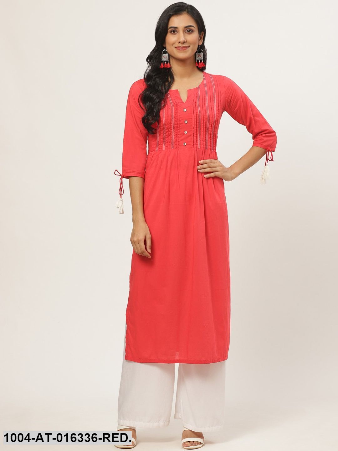 Red Three-Quarter Sleeves A-Line Solid Yoke Design Cotton Kurta