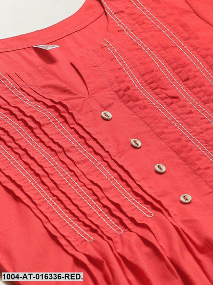 Red Three-Quarter Sleeves A-Line Solid Yoke Design Cotton Kurta