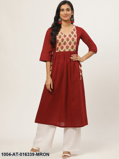 Maroon Three-Quarter Sleeves A-Line Solid Yoke Design Cotton Kurta