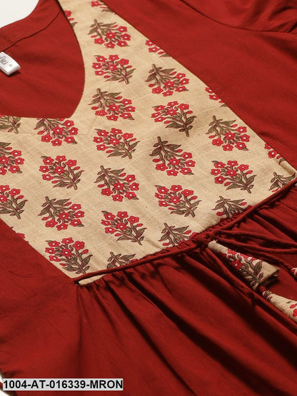 Maroon Three-Quarter Sleeves A-Line Solid Yoke Design Cotton Kurta