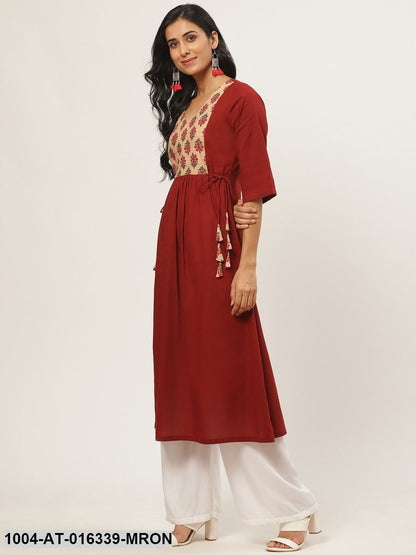 Maroon Three-Quarter Sleeves A-Line Solid Yoke Design Cotton Kurta