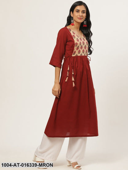 Maroon Three-Quarter Sleeves A-Line Solid Yoke Design Cotton Kurta
