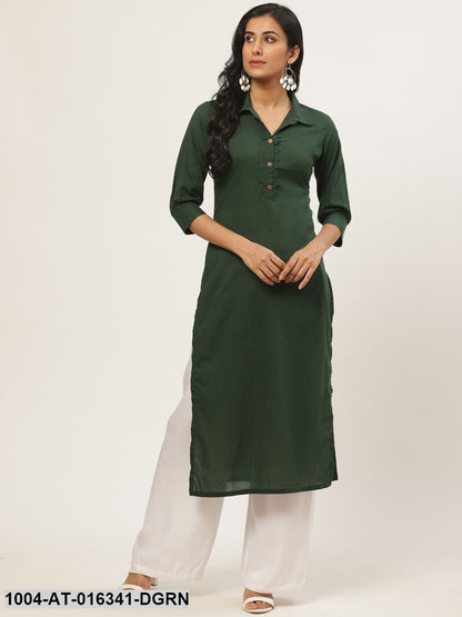 Dark Green Three-Quarter Sleeves Straight Solid Solid Cotton Kurta