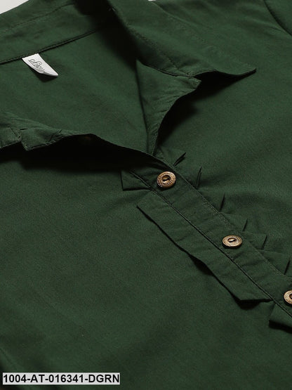 Dark Green Three-Quarter Sleeves Straight Solid Solid Cotton Kurta
