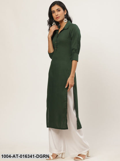 Dark Green Three-Quarter Sleeves Straight Solid Solid Cotton Kurta