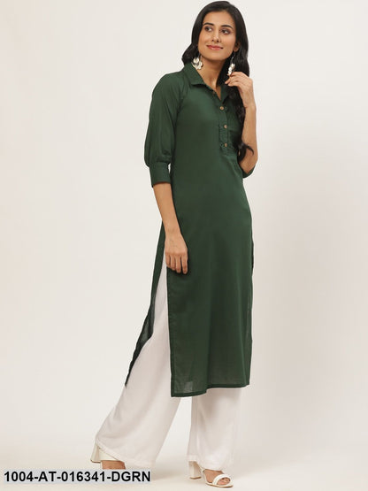 Dark Green Three-Quarter Sleeves Straight Solid Solid Cotton Kurta