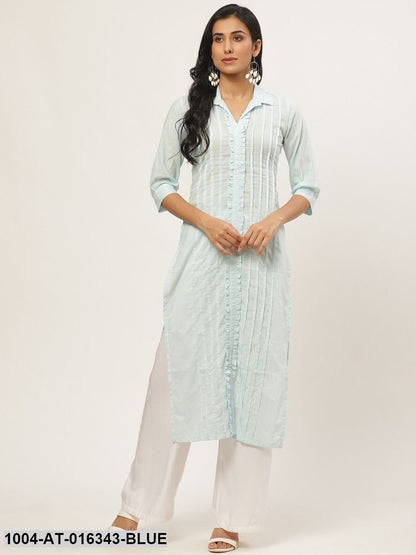 Blue Three-Quarter Sleeves Straight Solid Solid Cotton Kurta